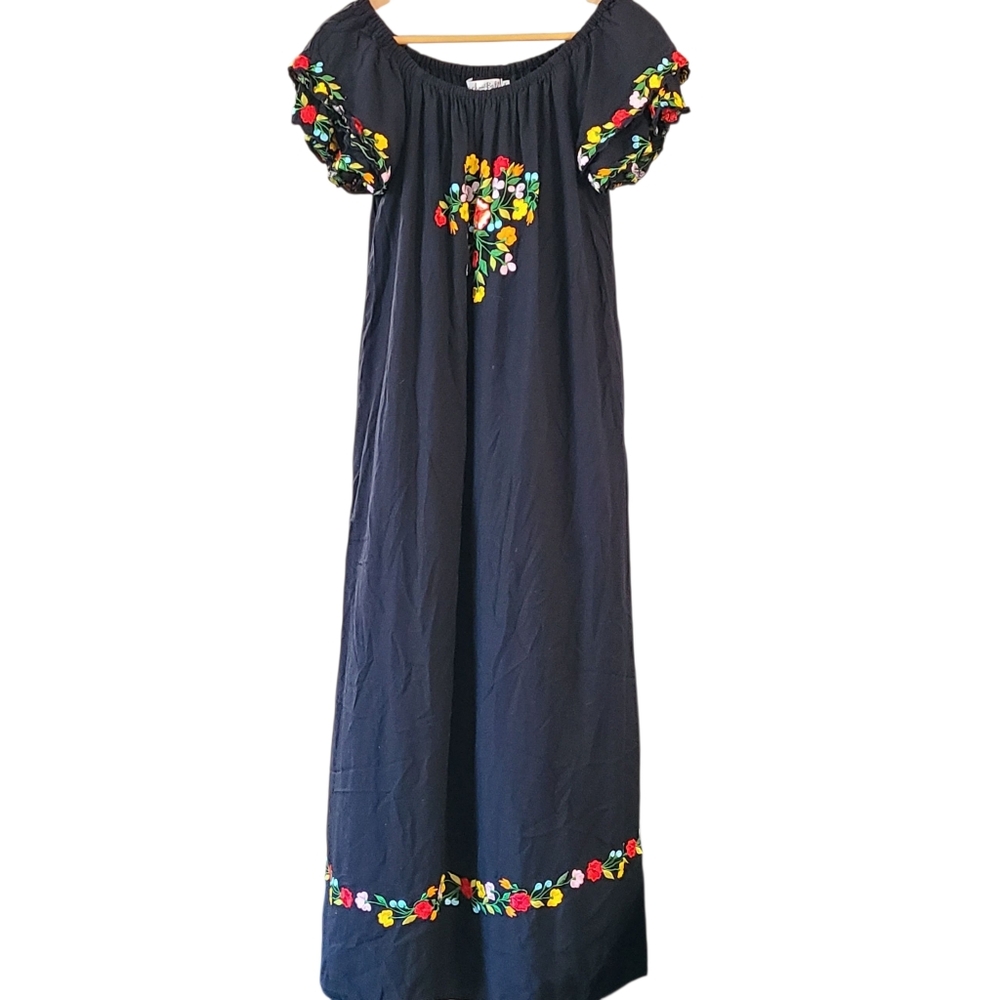 Colorful Embroidered Maxi Dress Back From Bali Layered Flutter Sleeve Bohemiam